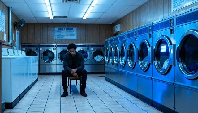 Solitary man sitting on wooden chair in neon-blue laundromat contemplating urban night