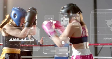 Adult boxers sparring with augmented reality analytics overlay displaying performance data