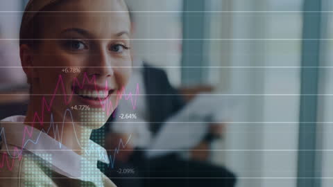 Businesswoman Analyzing Data Visualization with Graph Overlays