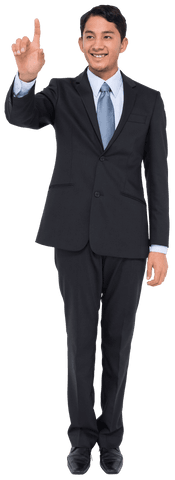 Transparent happy asian businessman pointing confidently
