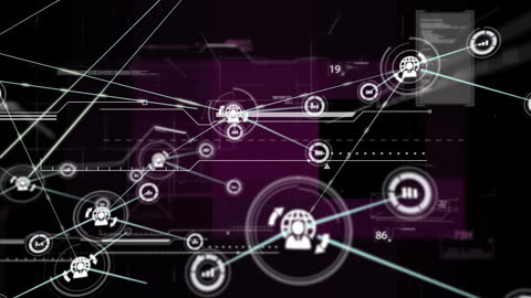 Futuristic Digital Network with Icon Overlays on Dark Background