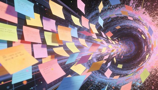 Post-it Notes Streaming into Digital Vortex, Abstract Data Flow and Idea Visualization