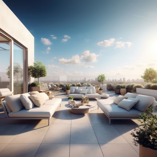 Modern Rooftop Terrace with Comfortable Lounge Furniture and City Skyline View - Download Free Stock Images Pikwizard.com