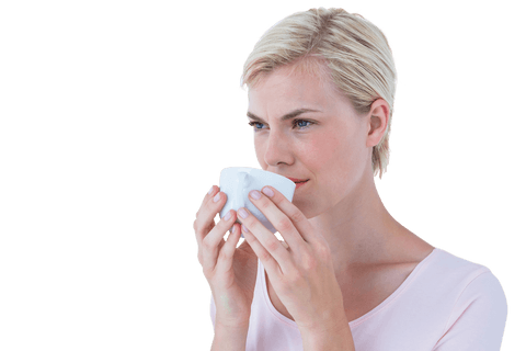 Attractive Blond Woman Savoring Hot Drink on Transparent Background - Download Free Stock Videos Pikwizard.com