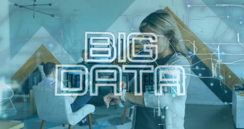 Woman Interacting with Smartwatch amid Big Data Elements