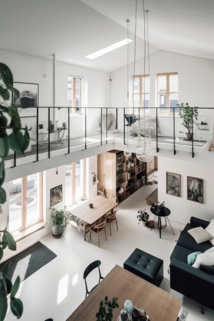 General view of modern loft apartment with windows, created using generative ai technology. Modern interior design, architecture and urban home decor concept digitally generated image.
