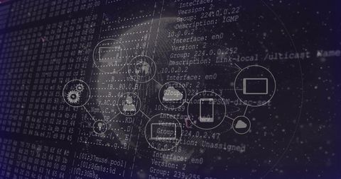 Futuristic Network Topology Overlay with Transparent Device Icons and Code Matrix Visualization