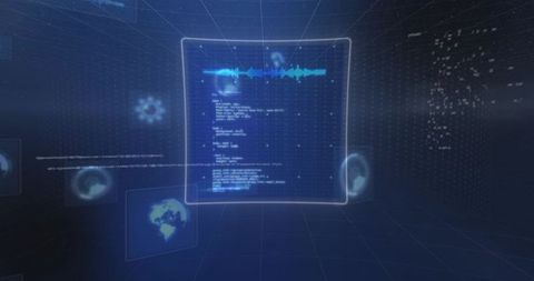 Holographic vr interface showing code waveform and globe icons in futuristic blue
