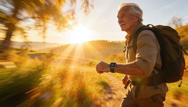 Active senior man hiking at golden hour wearing backpack and smartwatch on country trail