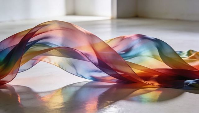 Translucent rainbow chiffon flowing on polished floor backlit by window light