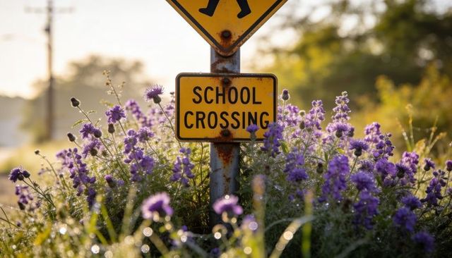 School crossing sign surrounded by purple wildflowers and dewy grass at golden hour