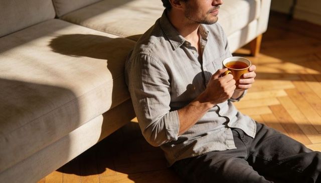 Man enjoying tea sitting on floor by sofa holding yellow mug in sunlit living room