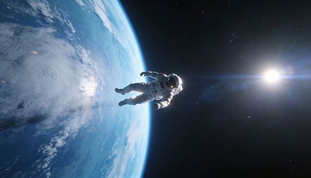 Astronaut floating above earth limb with sun flare, eva suit drifting over blue planet