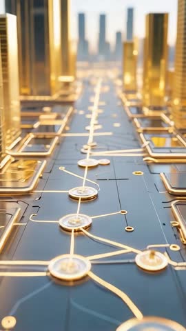 Vertical video pulsing lights on golden circuits in futuristic digital city activating nodes