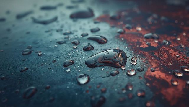 Glistening Water Droplets with Vibrant Reflections on Metallic Surface