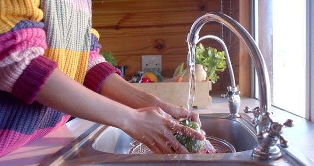 Person Wearing Colorful Sweater Washing Fresh Vegetables in Kitchen Sink - Download Free Stock Images Pikwizard.com