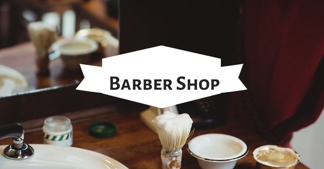 Image shows a collection of classic barber shop tools carefully arranged on a wooden countertop. Ideal for men's grooming ads and tutorial covers, it can be used to promote barber services, shaving products, or vintage grooming equipment.