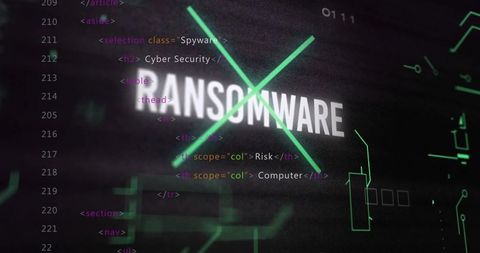 Ransomware Alert Crossing Neon X on Futuristic Cybersecurity Interface with Code Overlay