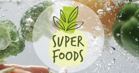 Fresh Superfoods with Splash of Water and Text Overlay