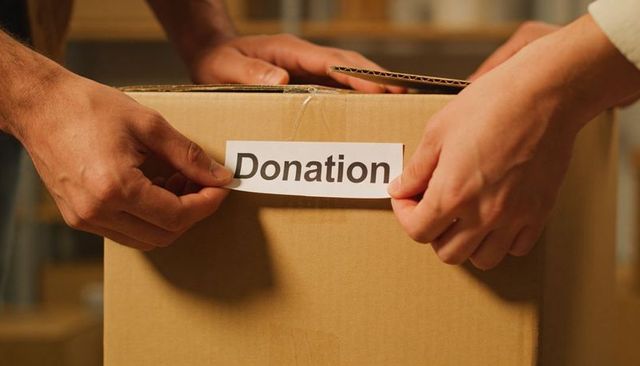 Volunteers labeling cardboard donation box for charity collection and community outreach