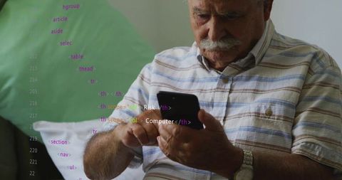 Senior man tapping smartphone on sofa wearing watch and striped shirt with code overlay