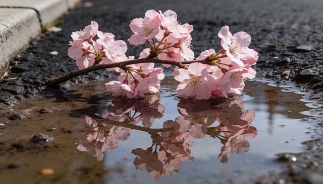 Pink cherry blossom branch reflecting in urban puddle on asphalt curb
