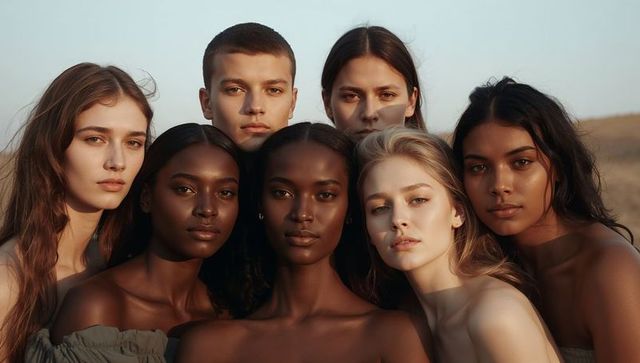 Diverse models embracing natural beauty during golden hour at dunes, high-fashion portrait