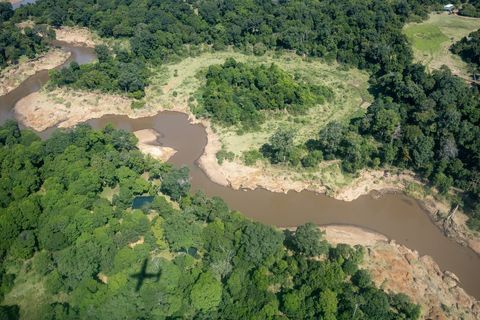 Aerial perspective capturing winding muddy river meandering through dense tropical forest with airpl