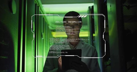 Engineer analyzing data in datacenter aisle holding tablet with futuristic hud overlay