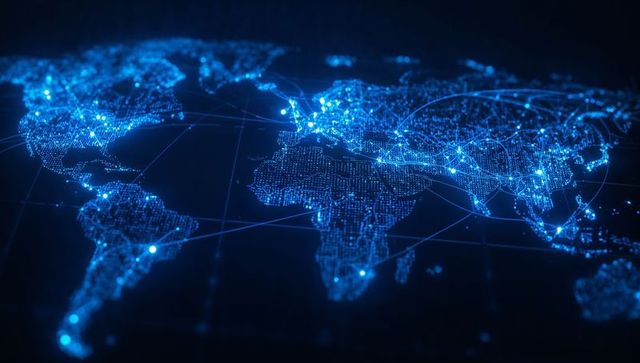 Futuristic digital world map connecting continents with blue nodes