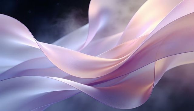 Translucent pastel silk ribbons floating and curling in soft light with iridescent sheen