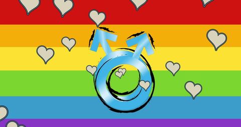 Male symbol on rainbow pride background with heart icons