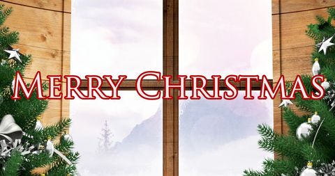 Merry Christmas Greetings Over Winter Scenery with Pine Decorations
