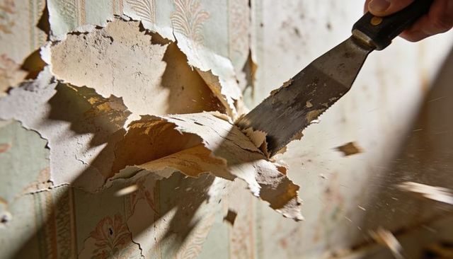 Removing peeling vintage floral wallpaper with putty knife revealing aged plaster in home renovation