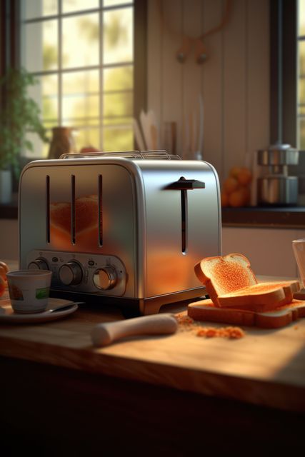 Captures the perfect morning scene with a modern toaster illuminating a sunlit kitchen. Ideal for kitchenware promotions, culinary blogs, and home décor ads. Exudes warmth, comfort, and provides a relatable ambiance for family and food content.