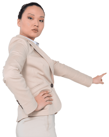 Asian Businesswoman Pointing in Stylish Suit on Transparent Background