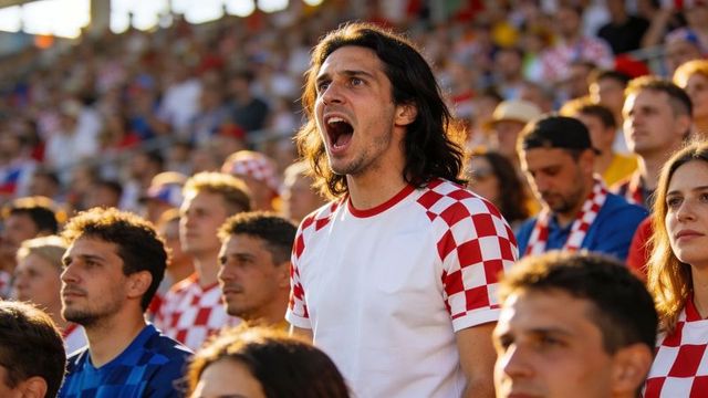 Passionate supporter shouting in stadium wearing red and white checkered jersey at football match