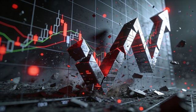 Rising metal zigzag arrow shattering tiles with candlestick chart and red led data burst