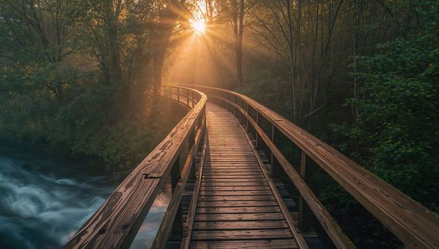 Serene Boardwalk in Misty Forest with Sunlit Stream