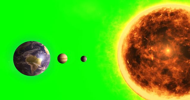 Perfect for educational materials, space-related content, science presentations, or any project requiring a vivid depiction of planetary alignment within the solar system. The green screen background allows for easy editing and incorporation into various projects.