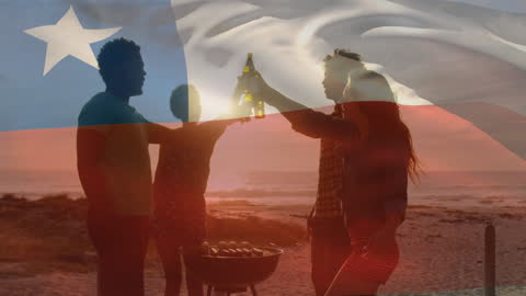 Waving Chilean Flag Animation Over Beach Gathering at Sunset