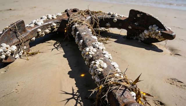Rusted ship anchor resting on sandy beach with barnacles and seaweed at low tide