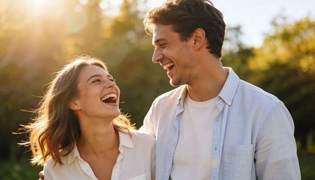 Young couple laughing during golden hour in park, sunlit romance and joy