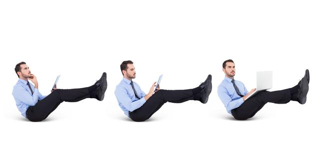 Businessman in various poses using different technologies such as a laptop and tablet. Ideal for illustrating concepts of multitasking, modern business practices, and professional work environments. Suitable for use in business presentations, corporate websites, and technology-related content.