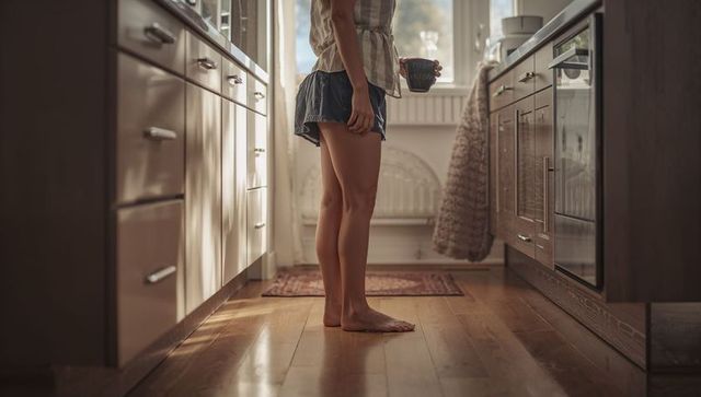 Sunlit morning kitchen barefoot woman standing holding ceramic mug wearing denim shorts