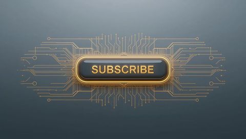 Glossy gold subscribe button with circuit network, futuristic cta for tech brands