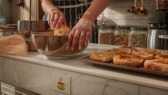 Baker Hands Mixing Dough on Marble Counter with Powdered Sugar Pastries on Tray