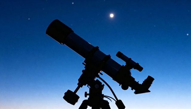 Refractor telescope silhouette pointing toward moon and stars at twilight for stargazing