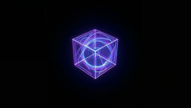 Glowing neon cube with circular core in dark space
