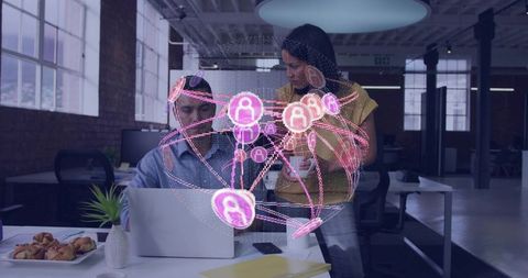 Collaborating team using holographic network interface in modern open office loft